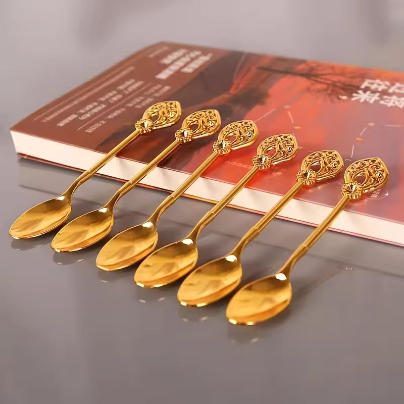 Creative Stainless Steel Dinnerware Set Decorative Swan Base Holder with 6 Spoons for Coffee Fruit Dessert Stirring Mixing