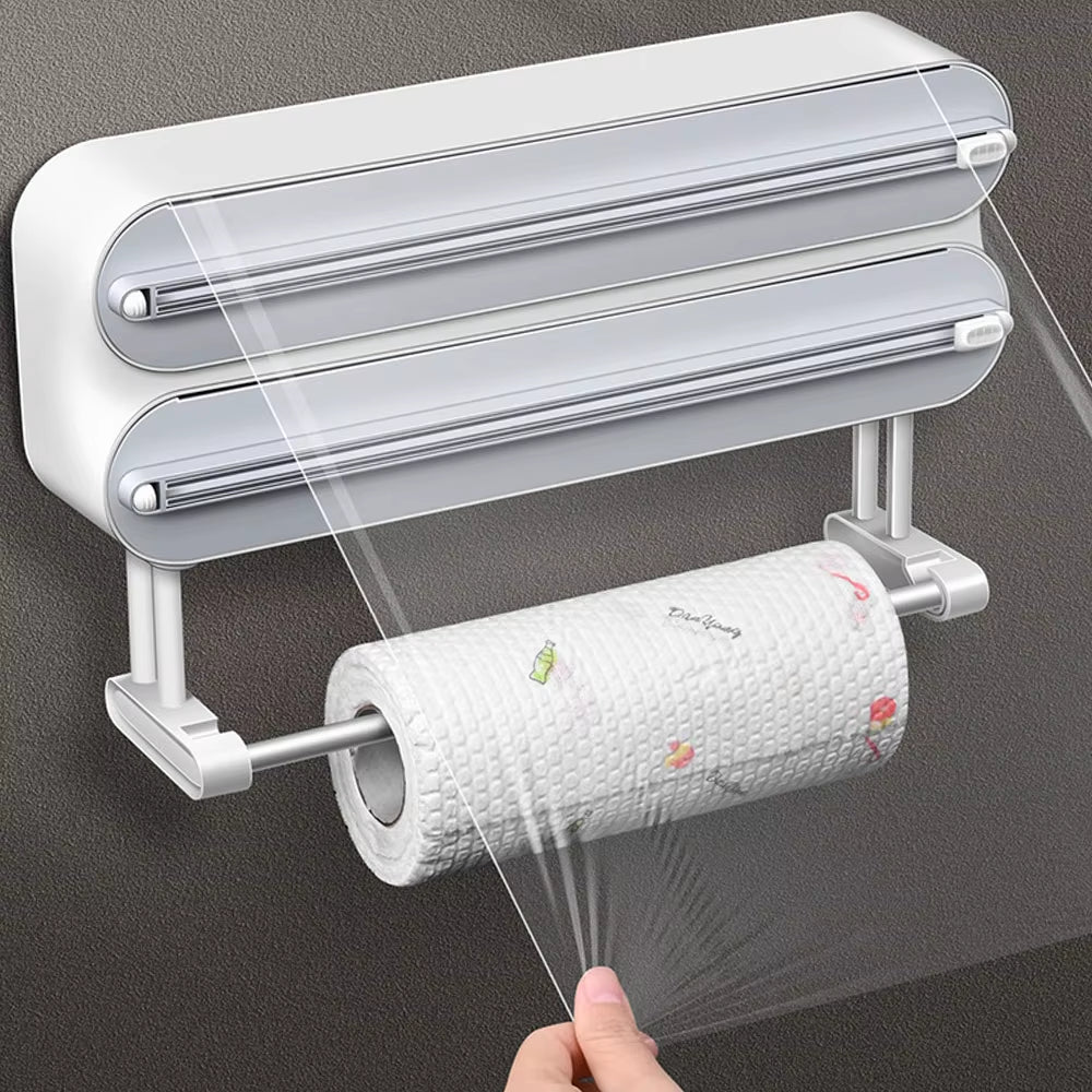 Plastic Wrap Dispenser 3In1 Magnetic & Self Adhesive Cling Film Dispenser Cutter Kitchen Tool Aluminum Foil Baking Paper Cutter