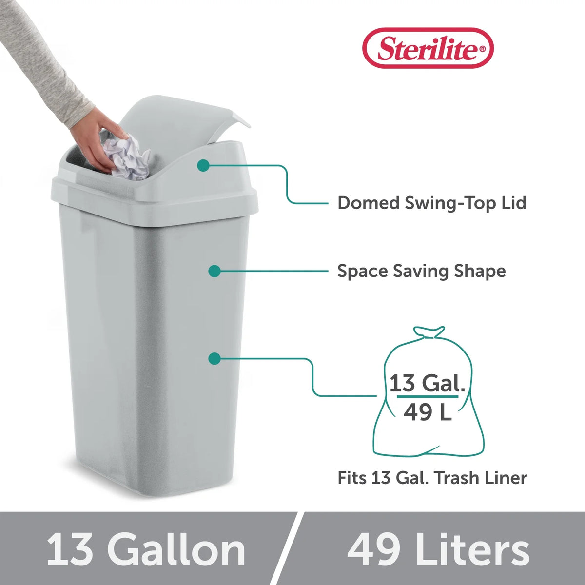 Kitchen Trash Can, 13 Gallon Plastic Garbage Bin with Swing Top Lid, Light Gray