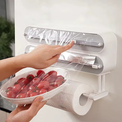 Plastic Wrap Dispenser 3In1 Magnetic & Self Adhesive Cling Film Dispenser Cutter Kitchen Tool Aluminum Foil Baking Paper Cutter
