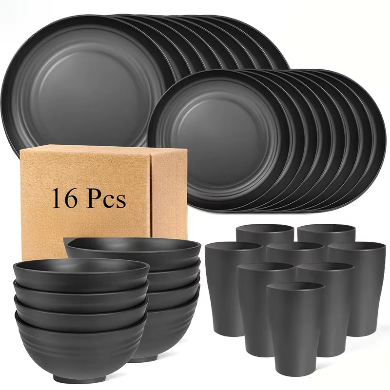 16Pcs Unbreakable Tableware Set Shatterproof 8 Plates 4 Bowls 4 Cups Microwave Dishwasher Safe for Camping Daily Use Black