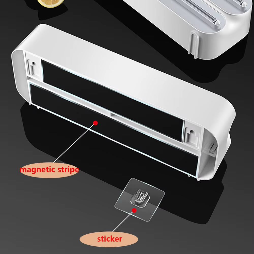 Plastic Wrap Dispenser 3In1 Magnetic & Self Adhesive Cling Film Dispenser Cutter Kitchen Tool Aluminum Foil Baking Paper Cutter