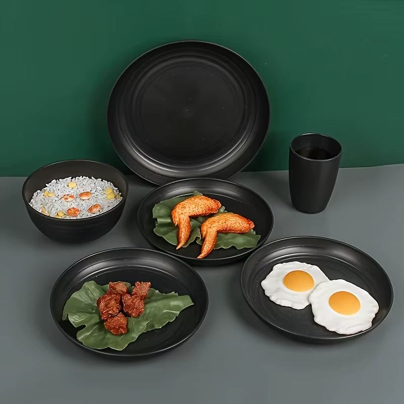 16Pcs Unbreakable Tableware Set Shatterproof 8 Plates 4 Bowls 4 Cups Microwave Dishwasher Safe for Camping Daily Use Black