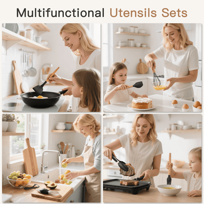 Silicone Cooking Utensils Set, 38 PCS Kitchen Utensils Set for 446°F Heat Resistant, Food Grade Utensil Sets with Wooden Handle, Kitchen Gadgets for Nonstick Cookware BPA Free (Black)