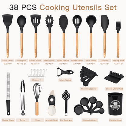 Silicone Cooking Utensils Set, 38 PCS Kitchen Utensils Set for 446°F Heat Resistant, Food Grade Utensil Sets with Wooden Handle, Kitchen Gadgets for Nonstick Cookware BPA Free (Black)