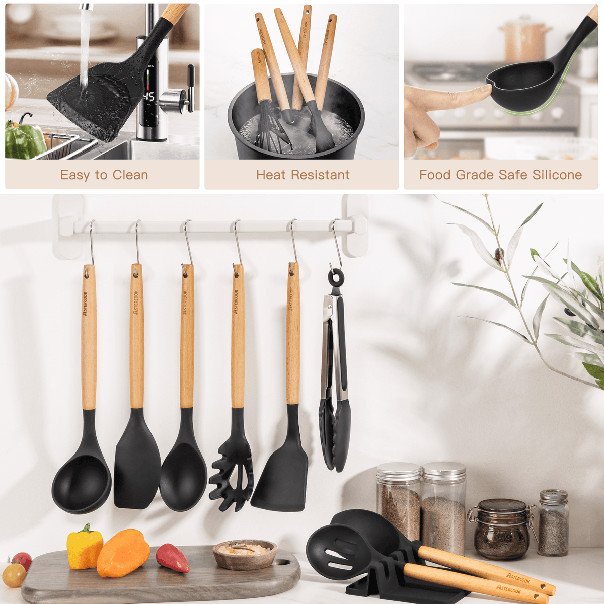 Silicone Cooking Utensils Set, 38 PCS Kitchen Utensils Set for 446°F Heat Resistant, Food Grade Utensil Sets with Wooden Handle, Kitchen Gadgets for Nonstick Cookware BPA Free (Black)