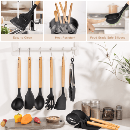 Silicone Cooking Utensils Set, 38 PCS Kitchen Utensils Set for 446°F Heat Resistant, Food Grade Utensil Sets with Wooden Handle, Kitchen Gadgets for Nonstick Cookware BPA Free (Black)