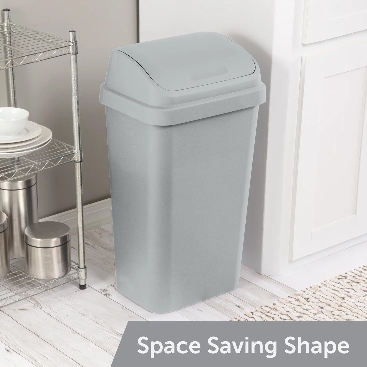 Kitchen Trash Can, 13 Gallon Plastic Garbage Bin with Swing Top Lid, Light Gray