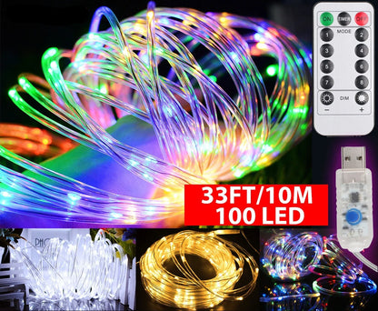 33FT 100 LED Strip Rope Light Tube String Outdoor Garden Party Decoration Lights