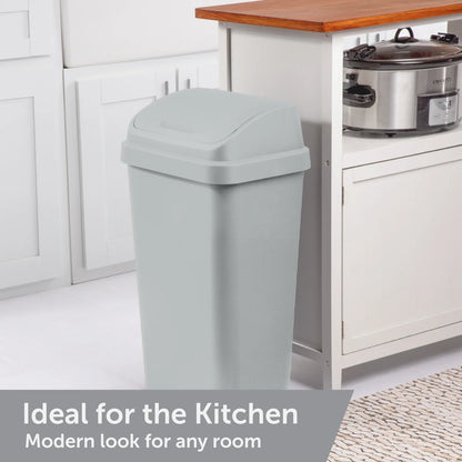 Kitchen Trash Can, 13 Gallon Plastic Garbage Bin with Swing Top Lid, Light Gray