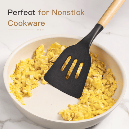 Silicone Cooking Utensils Set, 38 PCS Kitchen Utensils Set for 446°F Heat Resistant, Food Grade Utensil Sets with Wooden Handle, Kitchen Gadgets for Nonstick Cookware BPA Free (Black)