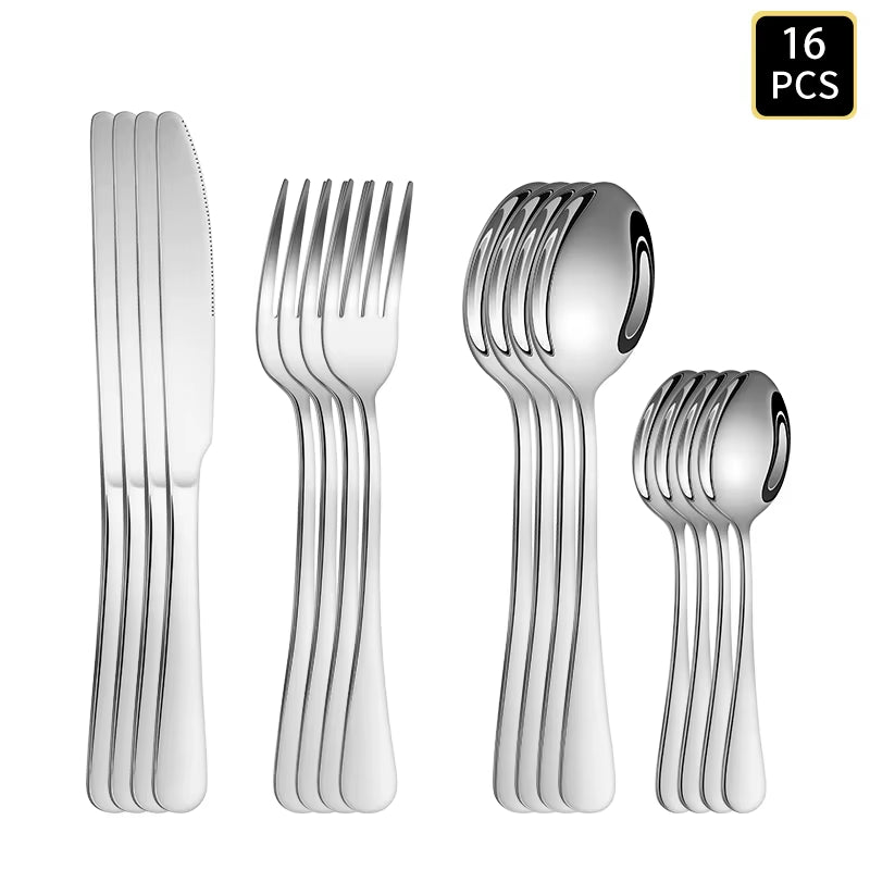 4/6/16/24Pcs Silver Stainless Steel Cutlery 1010 round Handle Knife, Fork and Spoon Cutlery Set Suitable for Family Dinner Hotel