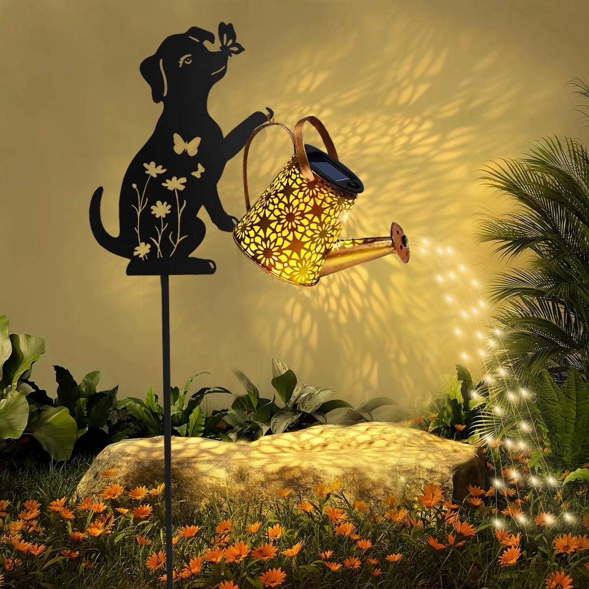 1 Outdoor Solar Cat/Dog Silhouette Watering Can Light - Hanging Solar Garden Decor for Lawn, Backyard, Pathway, and Patio