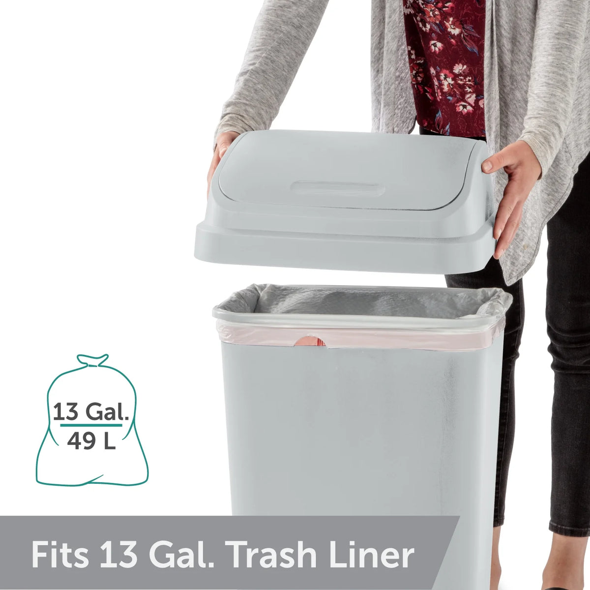 Kitchen Trash Can, 13 Gallon Plastic Garbage Bin with Swing Top Lid, Light Gray
