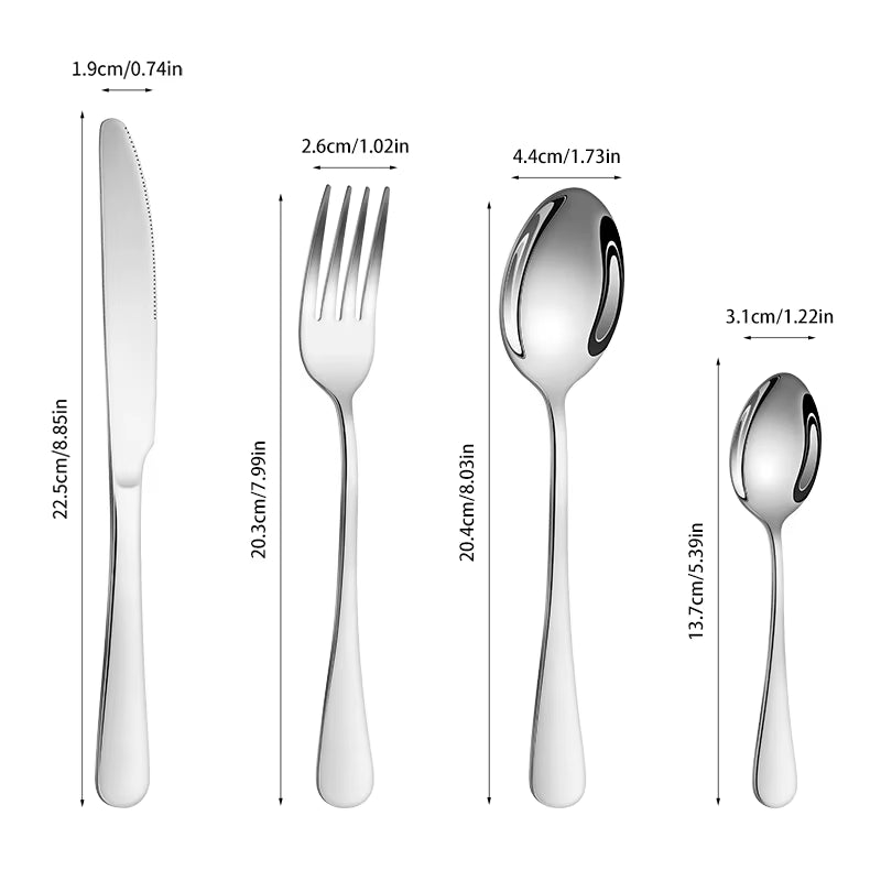 4/6/16/24Pcs Silver Stainless Steel Cutlery 1010 round Handle Knife, Fork and Spoon Cutlery Set Suitable for Family Dinner Hotel