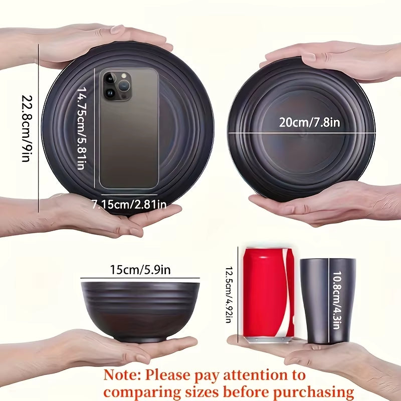 16Pcs Unbreakable Tableware Set Shatterproof 8 Plates 4 Bowls 4 Cups Microwave Dishwasher Safe for Camping Daily Use Black