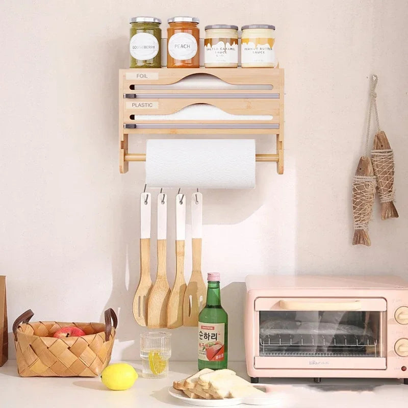 Bamboo Compartment Cling Film Tin Foil Cutter Box with Kitchen Paper Wall Mounted Paper Towel Kitchen Organizer Accessories