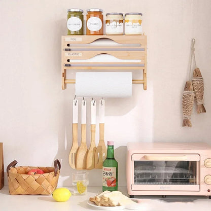 Bamboo Compartment Cling Film Tin Foil Cutter Box with Kitchen Paper Wall Mounted Paper Towel Kitchen Organizer Accessories