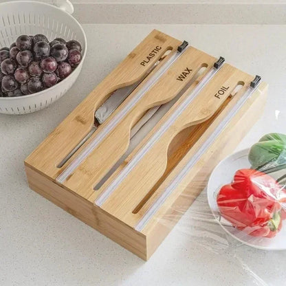 Bamboo Compartment Cling Film Tin Foil Cutter Box with Kitchen Paper Wall Mounted Paper Towel Kitchen Organizer Accessories