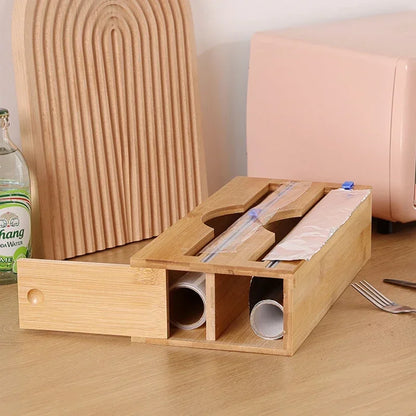 Bamboo Compartment Cling Film Tin Foil Cutter Box with Kitchen Paper Wall Mounted Paper Towel Kitchen Organizer Accessories