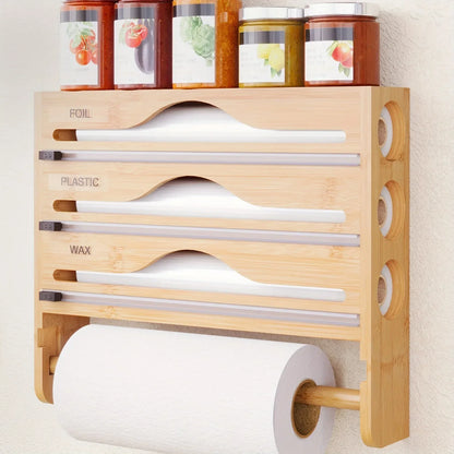 Bamboo Compartment Cling Film Tin Foil Cutter Box with Kitchen Paper Wall Mounted Paper Towel Kitchen Organizer Accessories