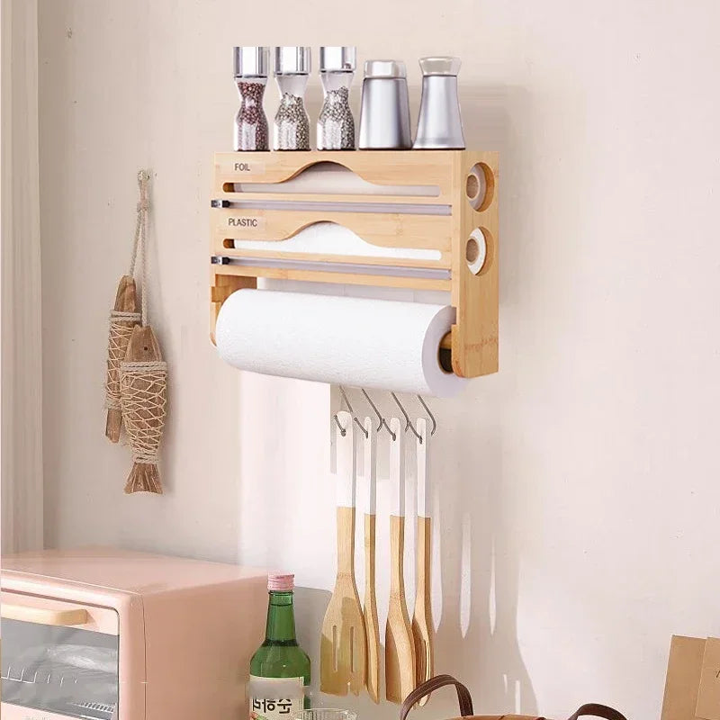 Bamboo Compartment Cling Film Tin Foil Cutter Box with Kitchen Paper Wall Mounted Paper Towel Kitchen Organizer Accessories