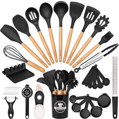 Silicone Cooking Utensils Set, 38 PCS Kitchen Utensils Set for 446°F Heat Resistant, Food Grade Utensil Sets with Wooden Handle, Kitchen Gadgets for Nonstick Cookware BPA Free (Black)