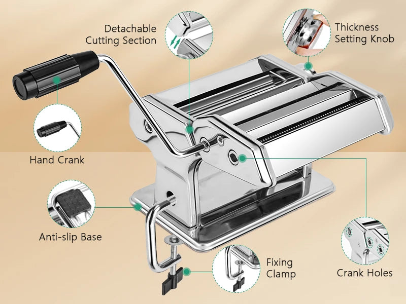 Kitchen Gadgets Pasta Maker Adjustable Thickness Settings 2-In-1 Noodle Maker Machine with Rollers and Cutter