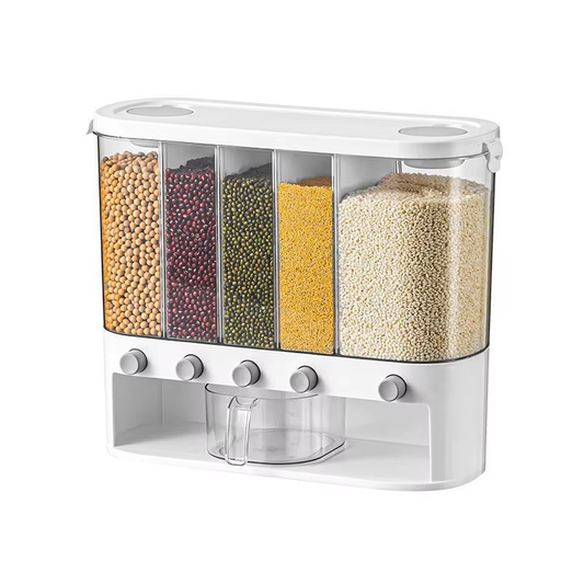Hot Selling 5-Compartment Airtight Grain Dispenser Transparent for Kitchen Countertop Dry Food Storage Organizer