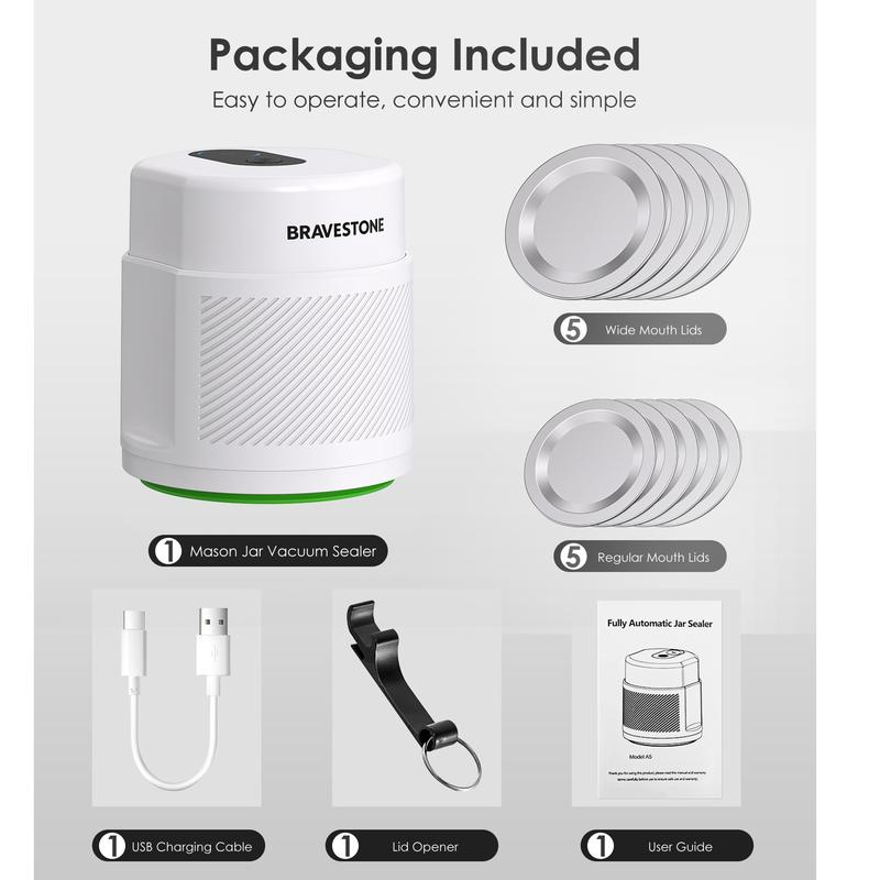 Mason Jar Vacuum Sealer Kit, 3-In-1 Automatic Electric Food Vacuum Sealer Machine for Canning Jars and Zipper Bags, Auto-Stop ,White)