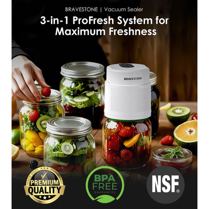 Mason Jar Vacuum Sealer Kit, 3-In-1 Automatic Electric Food Vacuum Sealer Machine for Canning Jars and Zipper Bags, Auto-Stop ,White)
