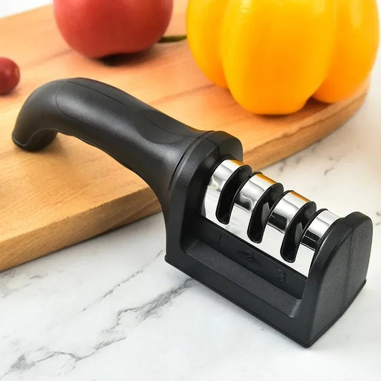 Kitchen Knife Sharpener 3 Stages Type Quick Sharpening Tool Multi-Functional Black Knives Sharpening Stone with Non-Slip Base