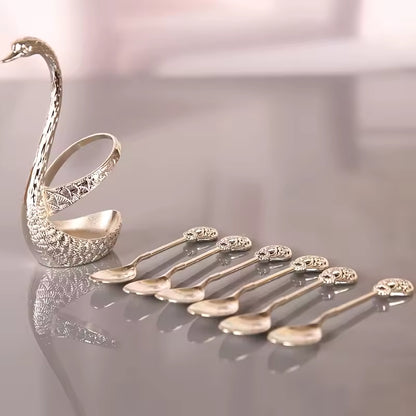 Creative Stainless Steel Dinnerware Set Decorative Swan Base Holder with 6 Spoons for Coffee Fruit Dessert Stirring Mixing