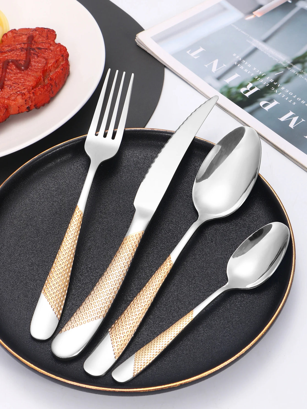 24Pc Stainless Steel Tableware Star Steak Knife and Fork Dessert Fork Spoon Family Suits