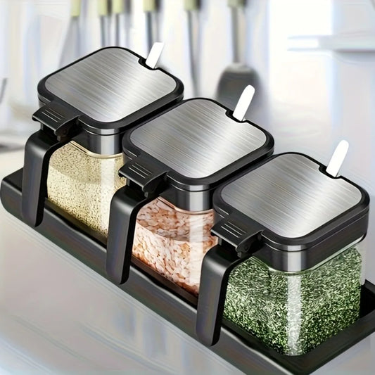 3Pcs Glass Spice Jars with Spoon 10Oz Glass Jars Spice Jar Set Seasoning Jars Organizer Storage Bottles for Spice Rack