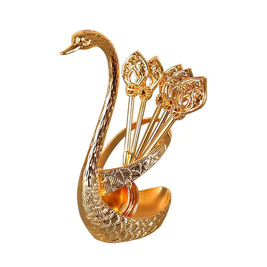 Creative Stainless Steel Dinnerware Set Decorative Swan Base Holder with 6 Spoons for Coffee Fruit Dessert Stirring Mixing