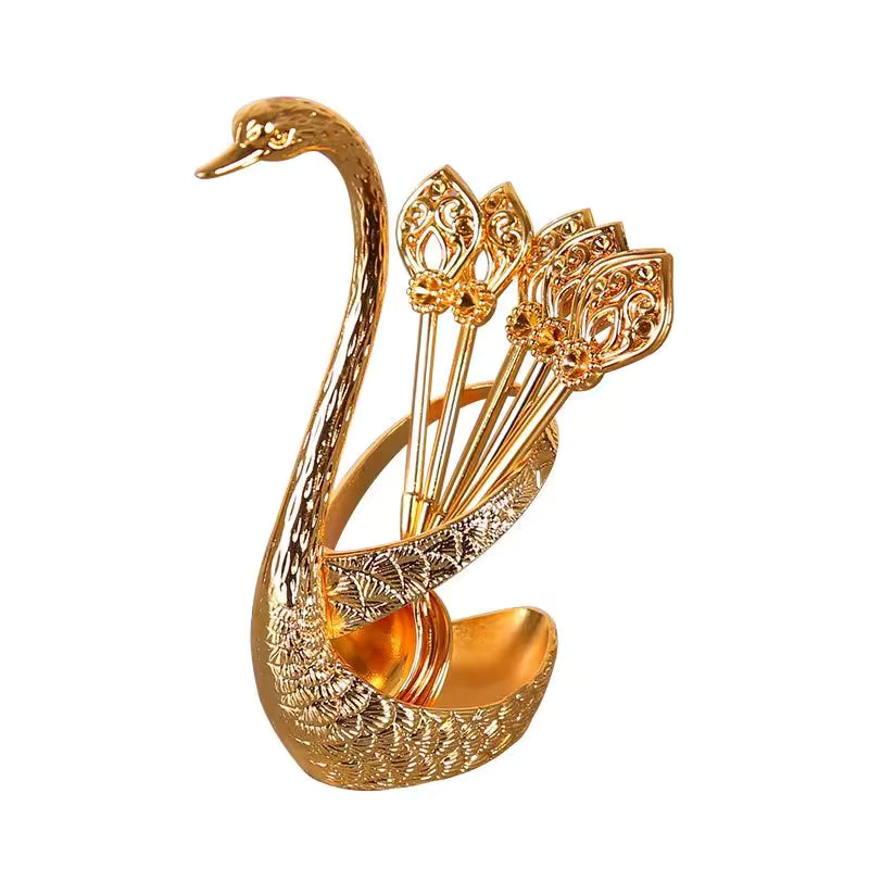 Creative Stainless Steel Dinnerware Set Decorative Swan Base Holder with 6 Spoons for Coffee Fruit Dessert Stirring Mixing