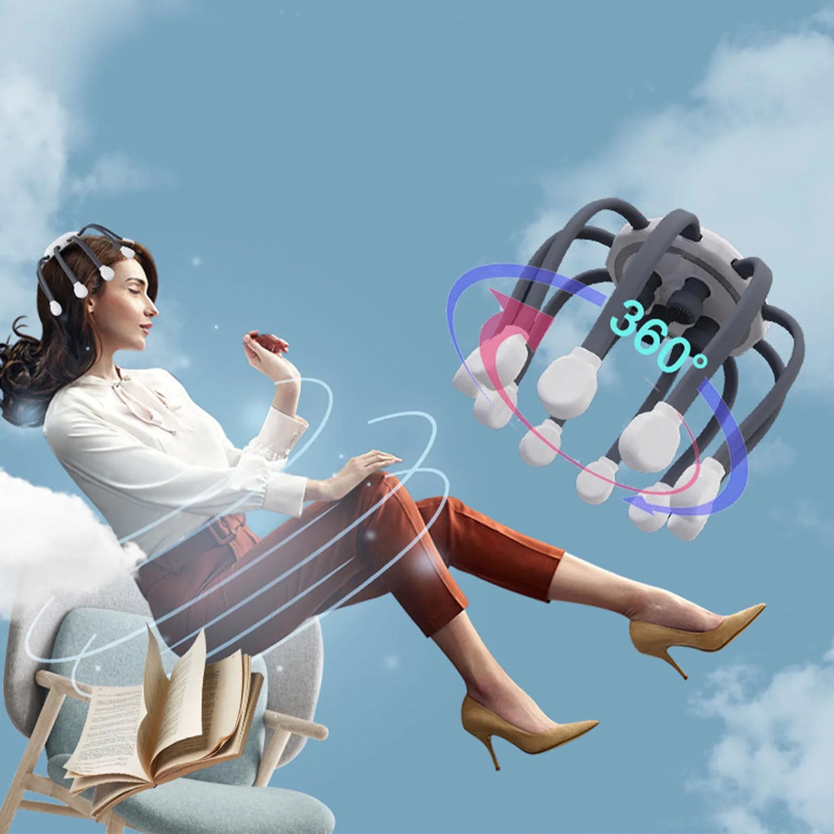 360° Electric Scalp Massager with 4 Contacts Automatic Vibration for Stress Relief & Head Relaxation