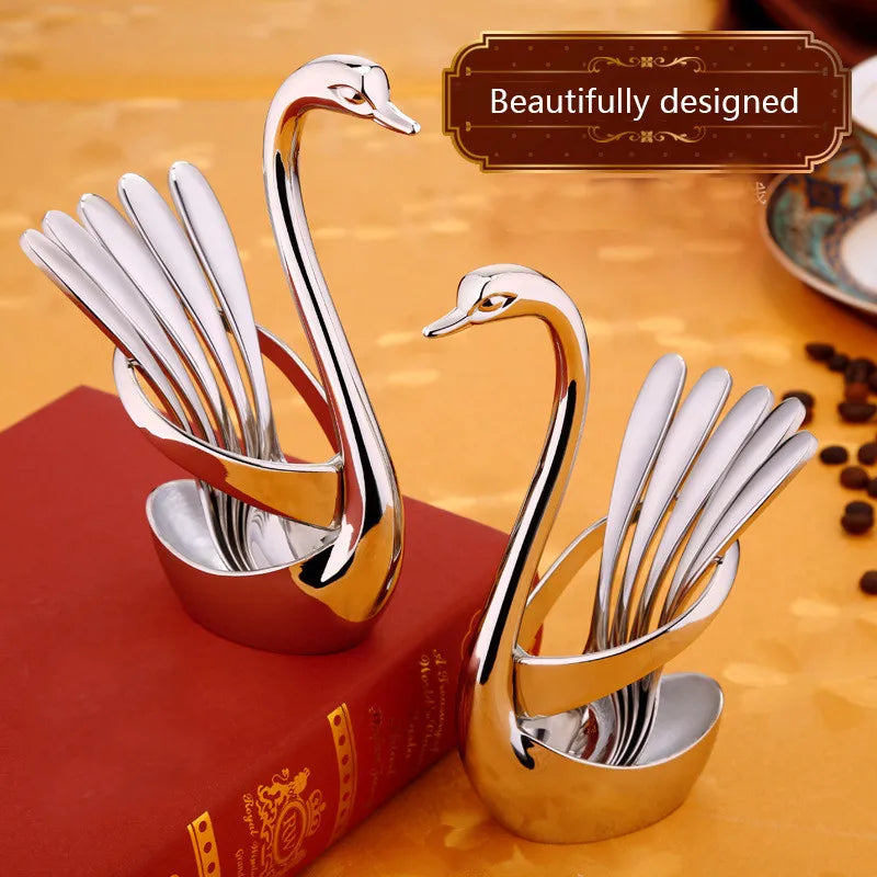 Portable Fork and Spoon Cutlery Set 304 Stainless Steel Cutlery with Swan Rack Table Fork and Spoon Storage Rack Cutlery Set