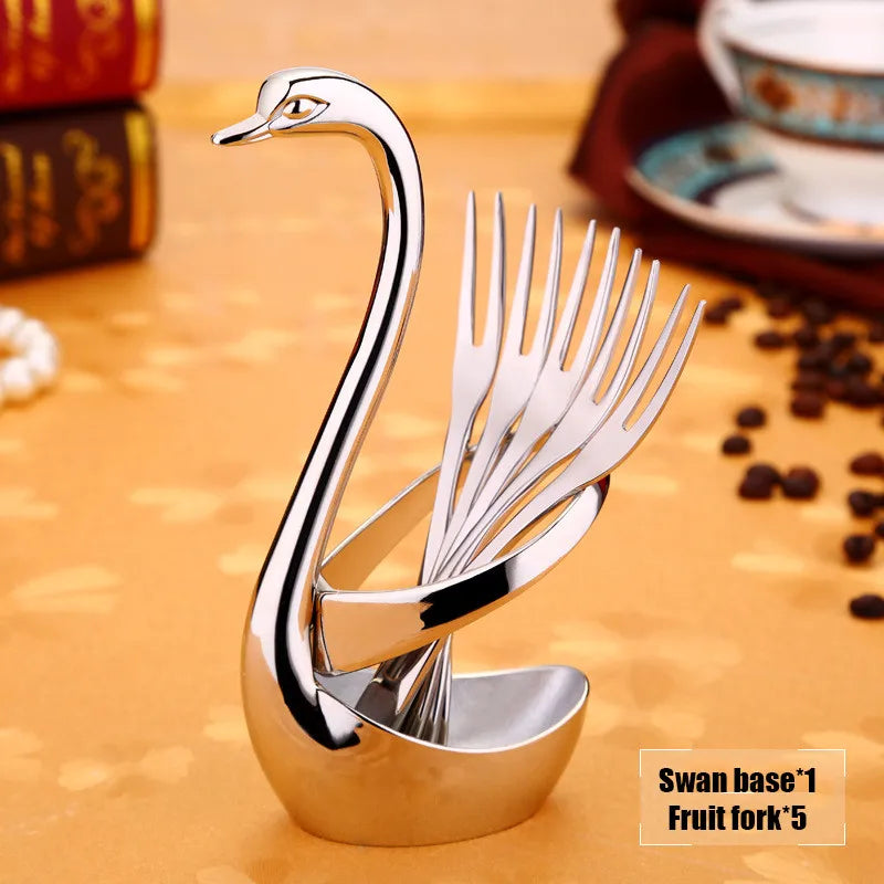 Portable Fork and Spoon Cutlery Set 304 Stainless Steel Cutlery with Swan Rack Table Fork and Spoon Storage Rack Cutlery Set
