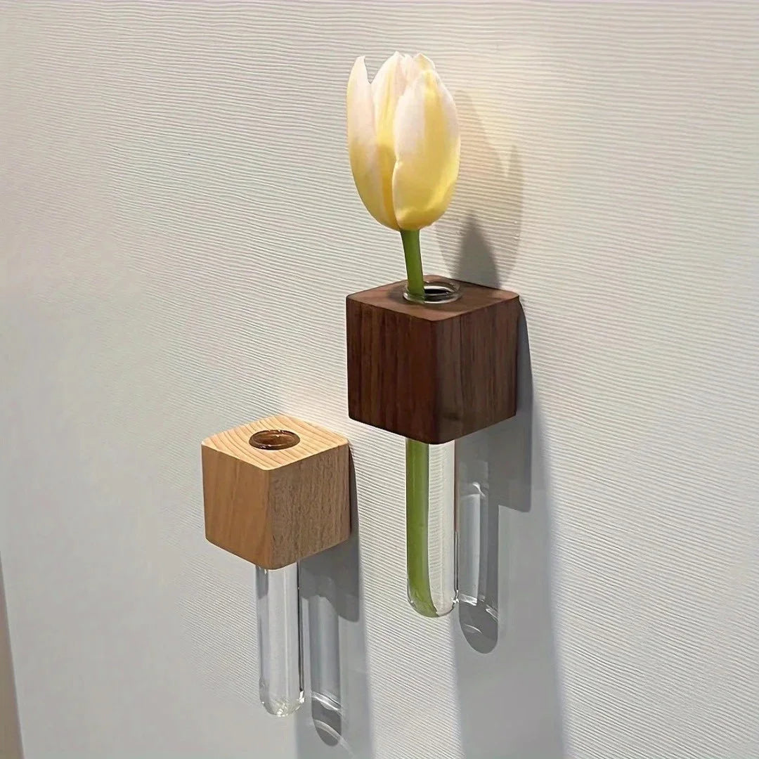 Solid Wood Magnetic Vase for Refrigerator Decoration Stylish French Country Design Refrigerator Magnet Fresh Flowers Home Decor