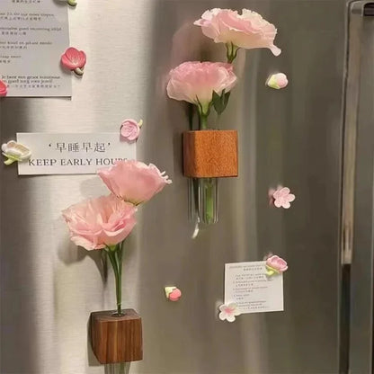 Solid Wood Magnetic Vase for Refrigerator Decoration Stylish French Country Design Refrigerator Magnet Fresh Flowers Home Decor