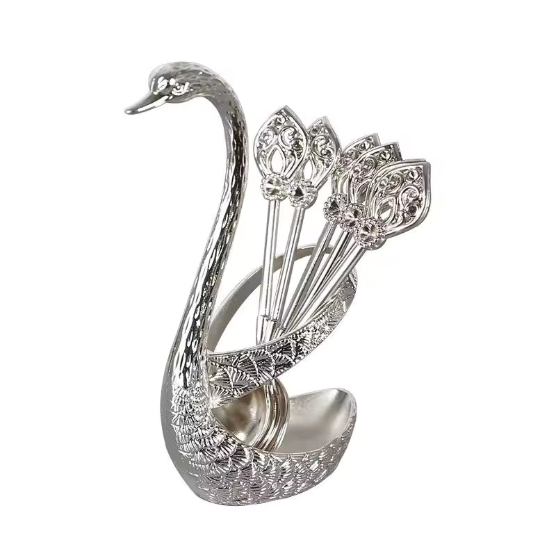 Creative Stainless Steel Dinnerware Set Decorative Swan Base Holder with 6 Spoons for Coffee Fruit Dessert Stirring Mixing