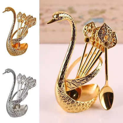 Creative Stainless Steel Dinnerware Set Decorative Swan Base Holder with 6 Spoons for Coffee Fruit Dessert Stirring Mixing