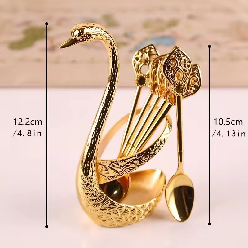 Creative Stainless Steel Dinnerware Set Decorative Swan Base Holder with 6 Spoons for Coffee Fruit Dessert Stirring Mixing
