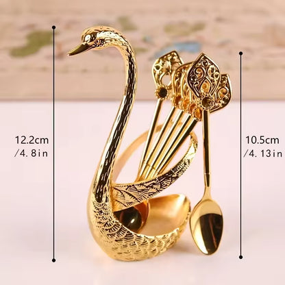 Creative Stainless Steel Dinnerware Set Decorative Swan Base Holder with 6 Spoons for Coffee Fruit Dessert Stirring Mixing