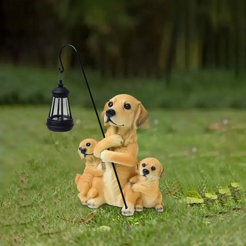 Solar Garden Statues Dog Resin Dog Figurines Solar Lights Solar Han Ging Lamp Three Puppies Statue for Yard Porch Patio Balcony