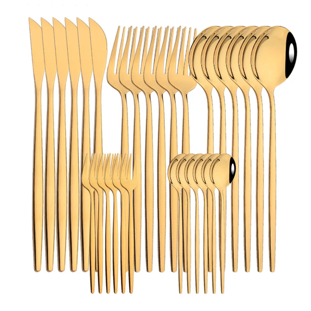 30Pcs/Set Stainless Steel Dinner Black Gold Dinnerware Set Knife Fruit Fork Spoon Cutlery Set Kitchen Tableware Silverware Sets