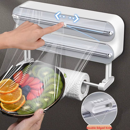 Plastic Wrap Dispenser 3In1 Magnetic & Self Adhesive Cling Film Dispenser Cutter Kitchen Tool Aluminum Foil Baking Paper Cutter