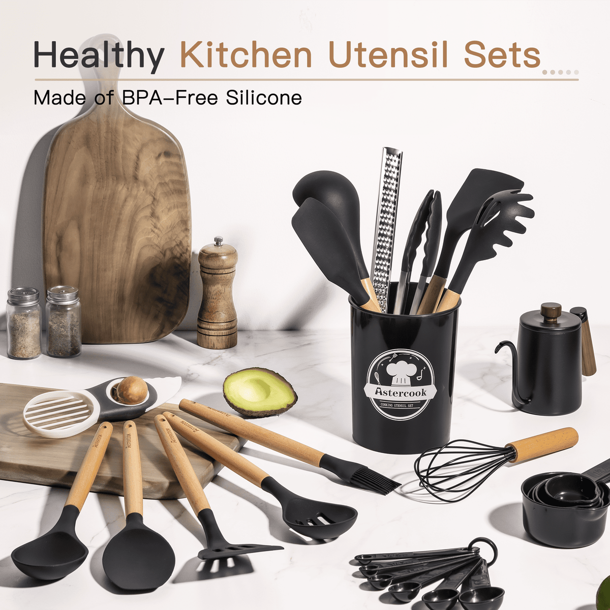 Silicone Cooking Utensils Set, 38 PCS Kitchen Utensils Set for 446°F Heat Resistant, Food Grade Utensil Sets with Wooden Handle, Kitchen Gadgets for Nonstick Cookware BPA Free (Black)